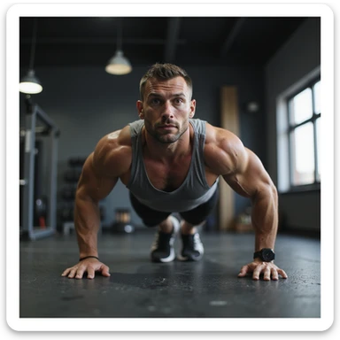 Uomo che si allena in palestra, esegue push up a terra, abbigliamento sportivo, fisico atletico, atmosfera motivazionale, dettagli iperrealistici 4K, ambiente moderno da palestra. sticker