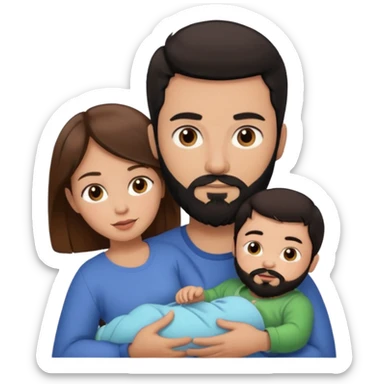 Una mujer con pelo castaño y ojos marrones  con un bebé y un hombre con pelo negro y barba sin bebe sticker