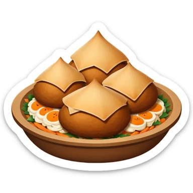 Uzbek cuisine humanless avatar in bright illustration. Classic dishes like plov and samsa, warm golden and earthy tones, simple shapes, flat design, high contrast, friendly and appetizing. sticker