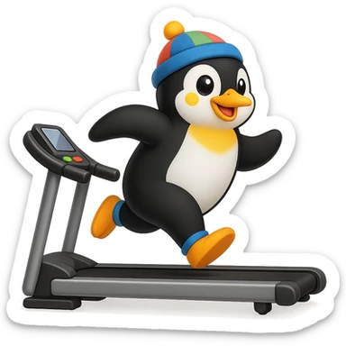 A penguin running on the treadmill wearing a hat, emoji style sticker