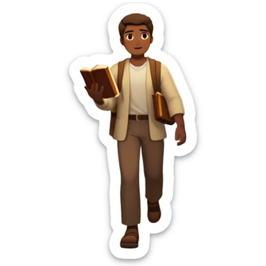 A man walks from darkness and inner conflict toward a glowing light in his chest, guided by intuition. Along the path, he passes through ambition and emptiness, then reaches a radiant mountaintop where healing transforms him into a fulfilled guide, holding a book and offering his hand to others. sticker