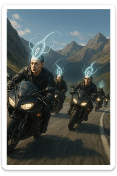 A group of motorcyclists riding aggressively along a winding mountain road at high speed. Their expressions are eerily calm and fearless. Faint, translucent parasite-like forms (symbolizing Toxoplasma gondii) overlay their heads or brains, emitting a subtle glow. sticker