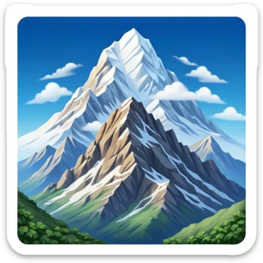 Cinematic Realistic Mountain Emoji, Majestic and towering, with craggy, snow-capped peaks rising sharply against a deep blue sky. The rugged terrain is dotted with rocky outcrops and patches of greenery, with clouds swirling around the higher reaches. Soft glowing outline, capturing the essence of ancient strength and natural beauty in a towering mountain! sticker