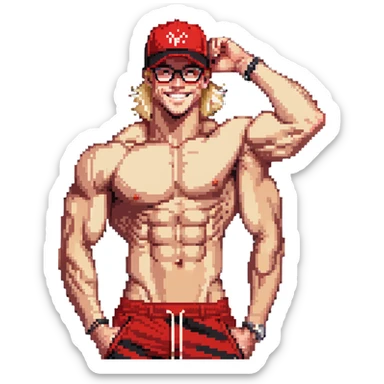 Skinny man with muscular definition, black and white cap with VANOMAS text, bare torso, red shorts, clear glasses, messy light blond hair, flexing muscles and smiling sticker