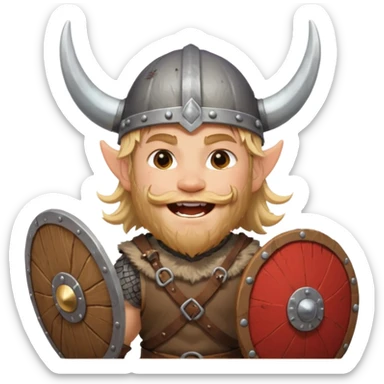 A young Viking warrior with messy hair painted cheeks, wooden shield, and fierce excited grin with horned helmet sticker