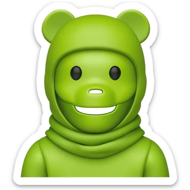 bearbrick toy wearing a lime green balaclava with relaxed but well-defined arched eyebrows visible above the mask sticker