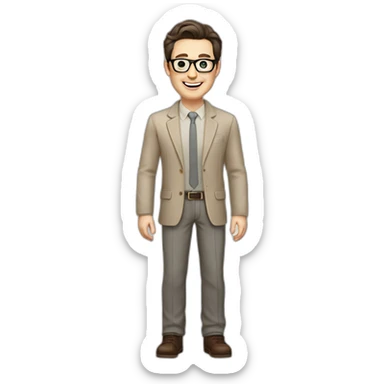 Joyful Full height Pale skinned Fit Man With dark brown hair in gray jacket, beige office shirt, Brown pants and vintage glasses. His thrumbs up sticker