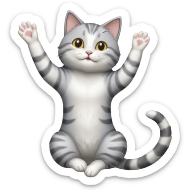 grey and white cat doing a big long stretch reaching up into the air sticker