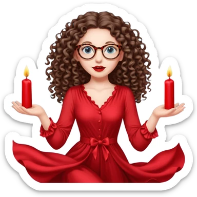 a blue eyed woman with very long brunette curly hair, full lips,and really pale skin. She is wearing a leopard printed thin round-ish glasses . She is wearing fully plain silky red dress. She is flying on the air. There are red candles in her hands. She is making a magic. sticker