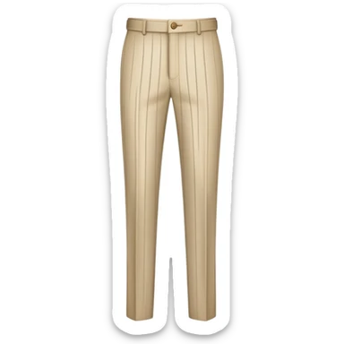 beige formal pants with white vertical pinstripes as a decorative pattern, thin white stripes running vertically on beige fabric, tailored trousers, isolated garment only sticker