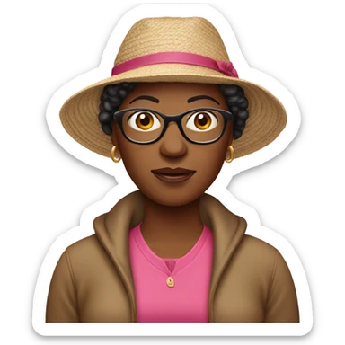 55-year-old Jamaican woman with dark red colored short hair, pink sweater and brown glasses wearing beach hat sticker