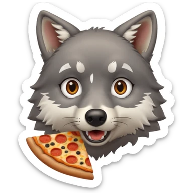 a sitting surprised grey wolf eating a piece of pizza emoji sticker
