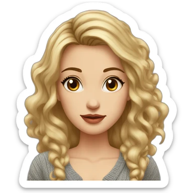 Woman, Late 30s, oval face, high cheekbones, small forehead wrinkles, hazel eyes, long dark roots hair with blond highlights, wearing cardigan sticker