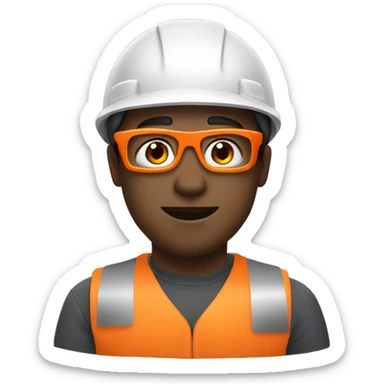 Young man with safety orange helmet, glases and earplugs sticker