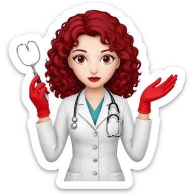Lilith scalpel in hand, evil surgeon outfit.  She has red eyes. She has dark brown long curly hair. Wears sexy doctor outfit with red gloves sticker