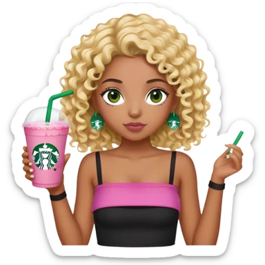 a black girl with curly wavy blonde hair and green eyes wearing a black tube top holding a starbucks pink lemonade facing forward aesthetic  sticker
