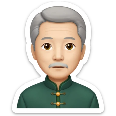 Chinese man 71 years old (at death), authoritative expression, full gray hair combed back, brown eyes, traditional dark green mandarin collar jacket sticker