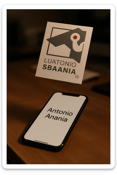 A photo of an iPhone with the message "Antonio Anania" on its screen, hovering over it is another document floating in mid-air, both surrounded by soft light and shadow. The phone sits atop a desk with a blurred background that suggests work environment. A faint glow from above casts gentle shadows across the surface of each object, creating depth and highlighting their textures. sticker