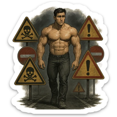 young muscular bodybuilder walking on a road full of warning signs including skull, red exclamation mark, and prohibition signs, worried expression, dark atmosphere, isolated on white background sticker