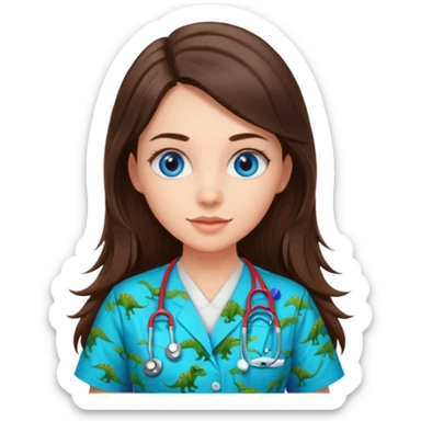 pretty brunette nurse with long hair and blue eyes in dinosaur pattern scrubs sticker