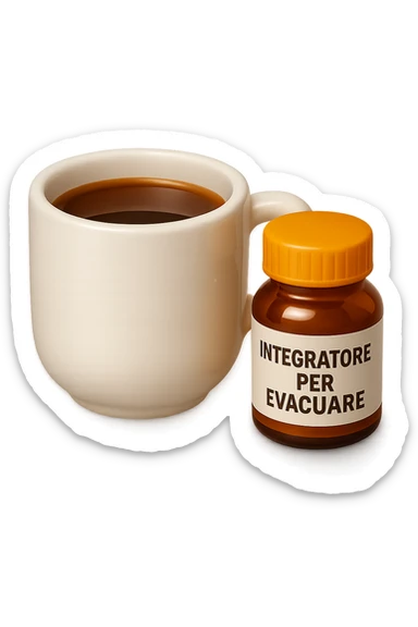 EMOJI STILE IPHONE 3D DI un caffè e di una boccetta di integratore con la scritta "INTEGRATORE PER EVACUARE" SULL'ETICHETTA, iperrealistico 4k sticker