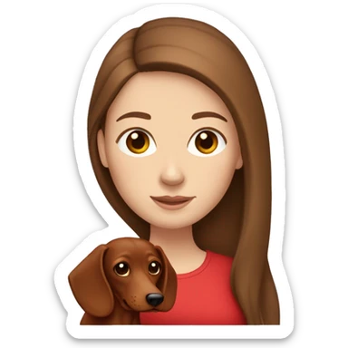 White girl with straight brown hair holding a red dachshund  sticker