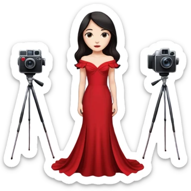 an actress standing on a red carpet with a formal dress, with only one film camera next to her. sticker