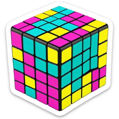 A 3x3 Rubik's Cube with 90s American graffiti-inspired colors, black edges, viewed from an angle, neon yellow, teal, and magenta sticker