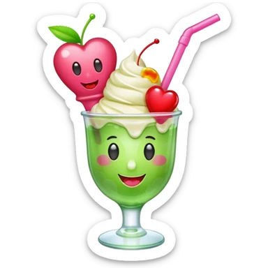 Create an emoji with a clear rounded glass, bright transparent green soda, vanilla ice cream scoop, two red cherries, pink heart-shaped straw, simple shapes, bright colors, glossy, kawaii style, centered, transparent background
 sticker