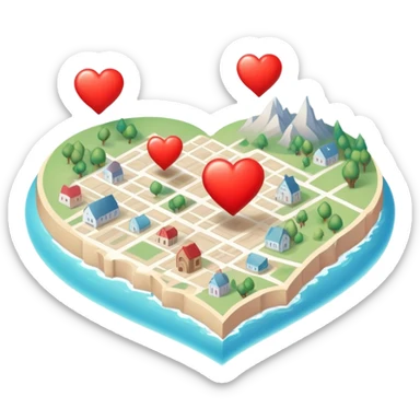 Detailed cartography map with soft ethereal coloring, containing red heart pins marking romantic locations and different symbols for other life experiences sticker