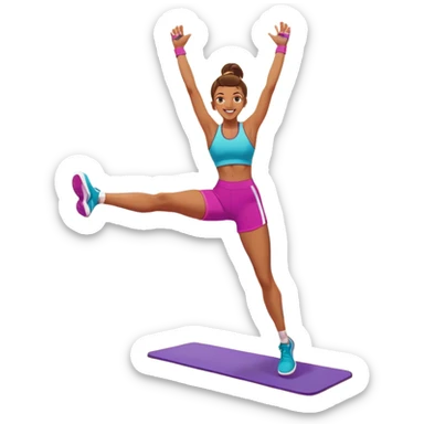 An energetic person performing an aerobics workout in a brightly lit gym, jumping and stretching with enthusiasm. The scene includes vibrant fitness equipment like dumbbells and exercise mats, with a background of cheerful, motivating colors, conveying energy and movement. sticker