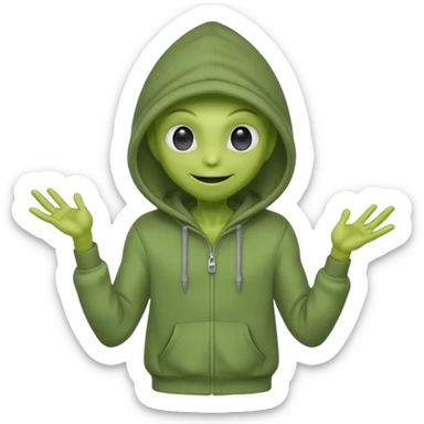 green alien in gray hoodie full height, wear hoodie hat, happy sticker