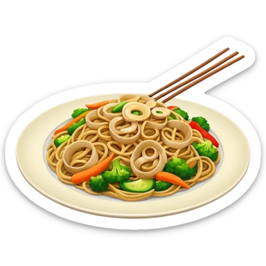 Illustrate stir-fried noodles with vegetables & soy sauce on a plate sticker
