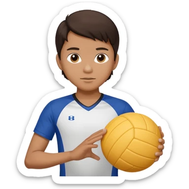 Filipino boy with very dark brown hair with small white bow in his hair and he is holding a volleyball sticker