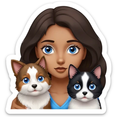 Young brown girl with blue eyes and dog Australian shepherd and a black and white cat sticker