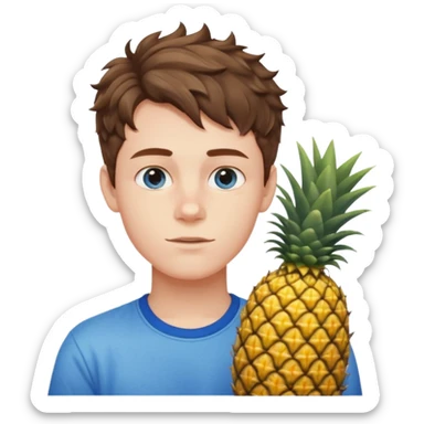 Pale teenage man with short wavy brown hair holding pineapple, prominent jawline, blue eyes sticker
