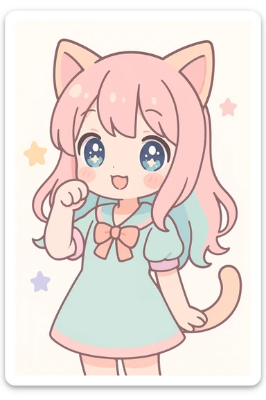 cute anime cat girl, pastel colors, big eyes, playful expression, cat ears, soft hair, kawaii style sticker