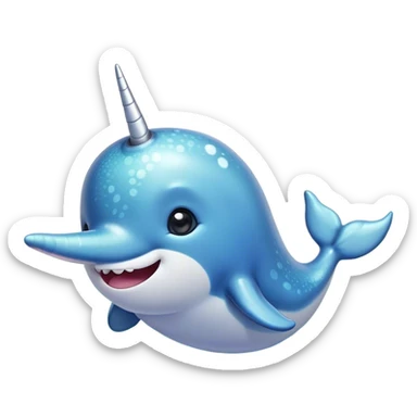 Cinematic Cute Narwhal Portrait Emoji, Head tilted playfully and inquisitively, with a glossy, shimmering body highlighted by its iconic tusk and sparkling eyes filled with wonder, Simplified yet irresistibly adorable features, highly detailed, glowing with a warm, friendly glow, high shine, affectionate and lively, stylized with a touch of whimsical charm, bright and endearing, soft glowing outline, capturing the essence of a mischievous marine marvel that feels like it could frolic out of the screen into your heart! sticker