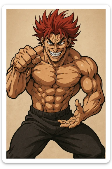 Yujiro Hanma, muscular anime character with red spiky hair, menacing grin, martial arts pose, style 3 sticker