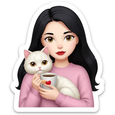 Beautiful Girl Long Hair black, Brows Big , Skin White, Sweater Pale Pink , Big Red Lips, Eyes coffe, Hug Little baby Persa Cream Cat With Cute Eyes sticker