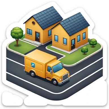 top view of a truck, package, house, and company building side by side, connected by street lines, modern apple emoji style sticker