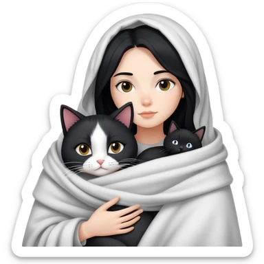 A fair-skinned girl with long black hair wrapped in a blanket hugging a black and white cat sticker