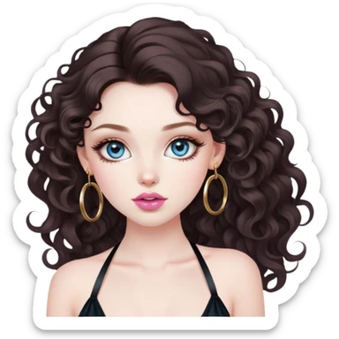 beautiful girl with big blue-grey eyes, long lashes, pale skin, nice pink lips, and long & voluminous dark brown curls. she has baddie energy. we see her whole head down to her chest. she's wearing gold hoops and a cute silky halter top. sticker