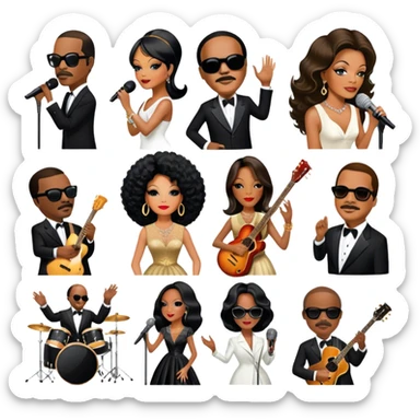 Icon for R&B Music: collage of legendary R&B artists—Diana Ross, Stevie Wonder, Marvin Gaye, Janet Jackson, Billy Ocean, and Whitney Houston. Represented by silhouettes or symbolic items like a microphone, guitar, or music notes. Transparent background. sticker