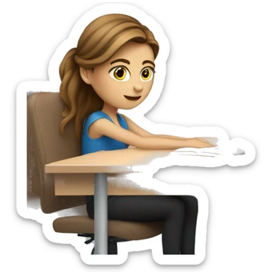 white girl studying at a white desk, brown hair, blue eyes, computer sticker