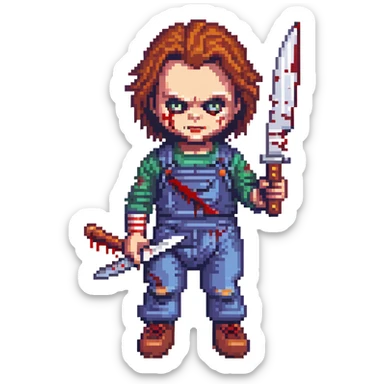Chucky doll holding a bloody knife, horror style sticker