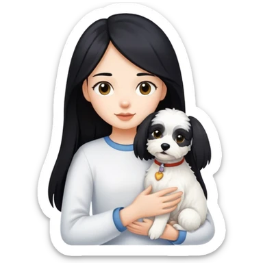 A girl with long black hair is holding a white terrier dog sticker