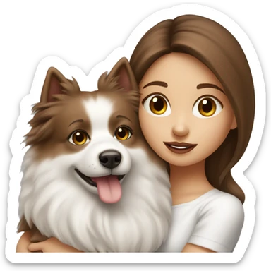 beautiful girl with brown hair kissing her cream white spitz dog sticker