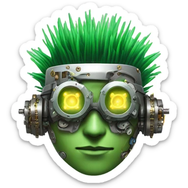 Green Mohawk hair male cyborg head with white steampunk goggles and circuits sticker