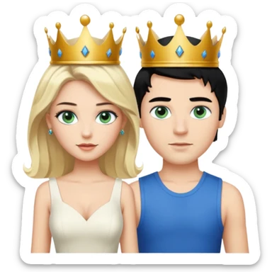 Prince with crown, black hair, body, legst, blue eyes, woman blonde hair, green eyes, sexy white short sleveless dress, shoes sticker